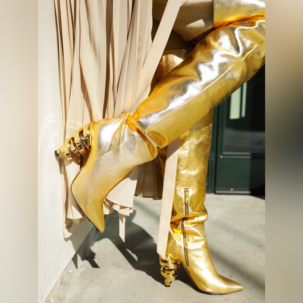 KEEYAHRI Gold Metallic OTK boot. “ZERINA - GOLD HEEL” New in box. Never worn.
